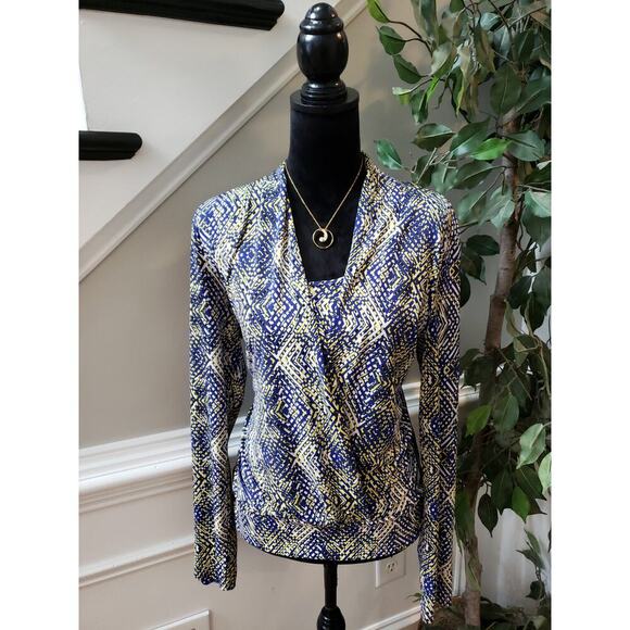 Anne Klein Blouse Women X-Large Blue Print Surplice Long Sleeve Stretch Top - Picture 1 of 10